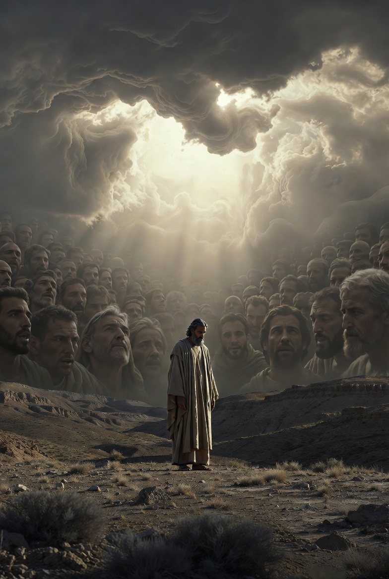 A symbolic photograph of Israel as a control group in governance, with a solitary figure on a barren landscape and a gazing multitude.