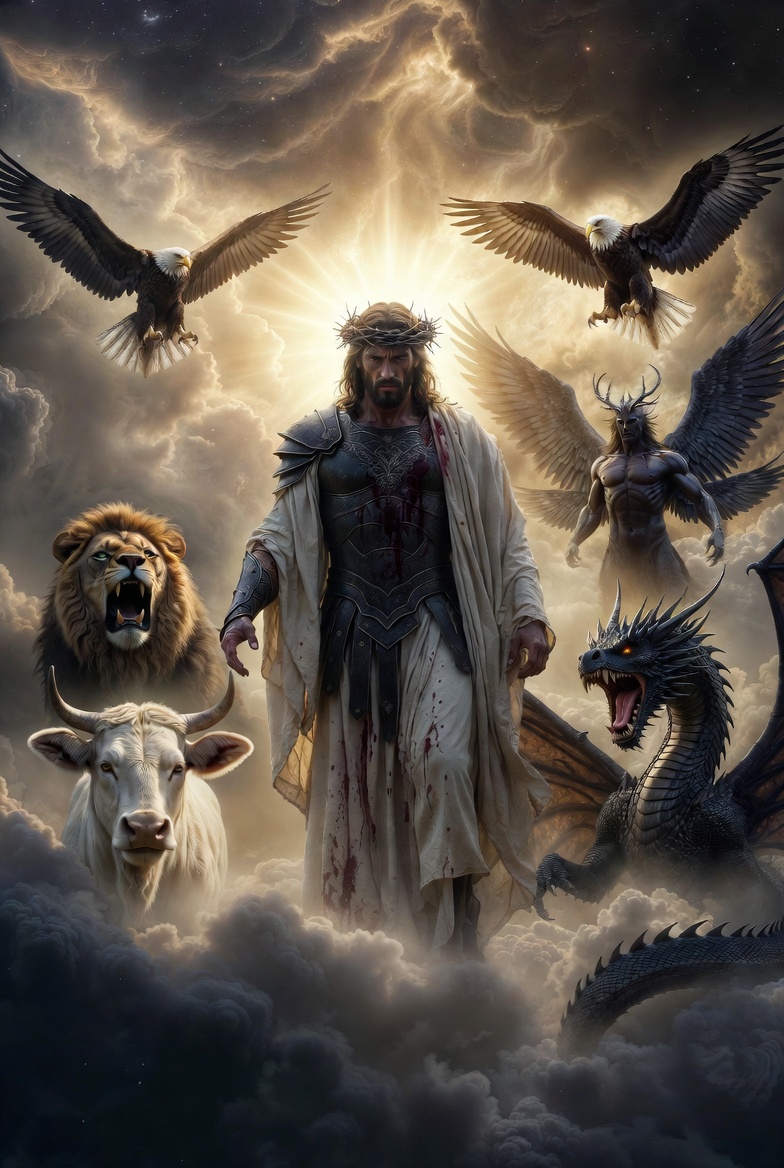 A celestial photograph of a Christ-like warrior surrounded by apocalyptic beasts in a surreal, ethereal style.