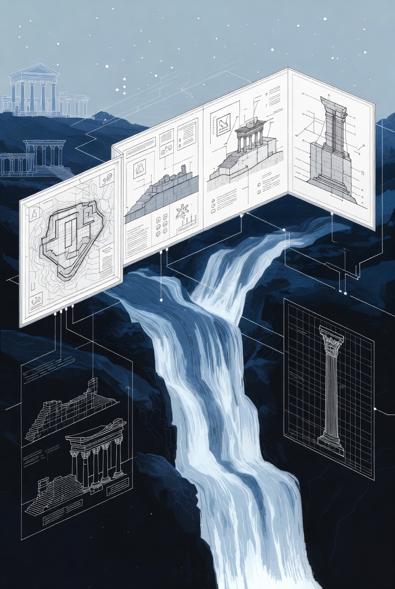 A technical illustration of archaeological aspirants studying interconnected systems with cascading waterfall panels.