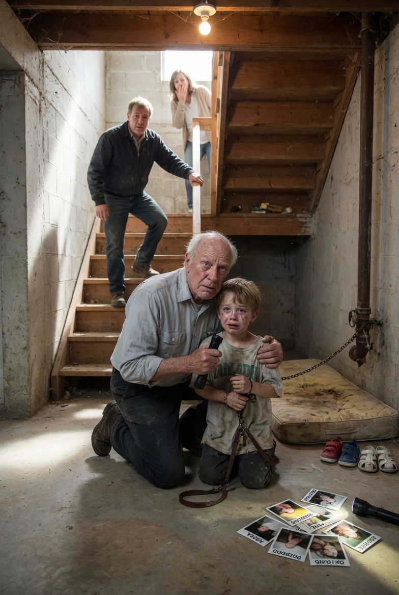 Photorealistic, cinematic, 4:5 vertical aspect ratio. Modern American suburban basement reveal scene in Austin, Texas, with concrete walls, unfinished stairs, and evidence scattered on the floor.
LIGHTING (CRITICAL — bright realism style):
Primary: bright daylight spilling from the open basement stairwell above, cutting across the concrete floor and illuminating the child and evidence clearly
Secondary: warm practical bulb light from a bare basement fixture overhead, softened by reflected daylight from pale concrete walls
Concrete walls and floor reflecting enough light to keep every face readable, NO heavy shadows on faces
Bright, readable, modern atmospheric realism
NOT moody, NOT dramatic, NOT vintage warm-orange dominant, NOT shadow-heavy
[BEAT TYPE: Revelation Peak — grandfather discovering Dylan, the dog-leash chain, and the Polaroid evidence just as Mark appears on the stairs]
FOREGROUND CENTER: elderly grandfather in a wrinkled pale blue button-down shirt and dark work pants, kneeling on concrete, one arm wrapped protectively around Dylan, jaw locked, watery red-rimmed eyes, weathered face with deep wrinkles and age spots, hand veins visible as he grips a flashlight, NOT passive, NOT calm.
FOREGROUND RIGHT: Dylan, young boy with dirty blond hair and pale skin, curled against his grandfather’s chest, cracked white lips, tear tracks on cheeks, wrists reddened from an old dog leash chain looped toward a pipe, oversized dirty T-shirt hanging from his shoulders, eyes wide with fear but focused on the stairwell, NOT smiling, NOT unharmed.
BACKGROUND STAIRS/SCENE (2 visible characters, all CLEARLY TENSE):
Mark on basement stairs: adult man in dark work jacket and jeans, one boot frozen mid-step, shoulders forward aggressively, face tight with dawning panic and forced control, hand gripping stair rail.
Laura partially visible at top of stairs: woman in beige cardigan, face pale, one hand to mouth, posture collapsing backward as she realizes the basement door is open.
All emotions visible: grandfather’s cold rage, Dylan’s terror, Mark’s panic, Laura’s collapse.
SETTING:
Stained mattress beside exposed pipe on concrete floor
Old dog leash chain wrapped around pipe with metal clasp visible
Three tiny children’s shoes lined neatly against wall, different sizes and colors
Stack of Polaroid photos on the floor with black marker dates visible but not readable
Dropped flashlight casting a bright beam across the evidence
Open basement door above, fresh padlock broken near threshold, unfinished wooden stairs
PHOTOREALISTIC MICRO-DETAIL (Layer 7 — min 4 sub-categories):
Grandfather’s sparse white hair with individual strands visible, slightly sweat-damp at temples
Hand veins and tendons visible from gripping flashlight and holding Dylan tightly
Dylan’s red-rimmed lower lids, watery eyes, cracked lips, dirt smudges, and tear tracks on cheeks
Grandfather’s skin pores, wrinkles around eyes, age spots on hands, jaw muscles visibly tense
Chain metal scratches, fabric stains on mattress, dust on Polaroids, worn leather texture on old dog leash
Bright daylight from stairwell plus overhead bulb keeps background readable and faces clear
CAMERA: medium-wide three-quarter angle from basement floor level, centered on grandfather shielding Dylan while Mark descends, evidence clearly visible in foreground and background stairs readable.
NO text overlay, NO watermarks, NO heavy shadows, NO moody atmosphere.
NO text overlay, NO watermarks.
NO heavy shadows, NO moody atmosphere.
NOT dramatic lighting, NOT vintage filter, NOT cinematic-noir.