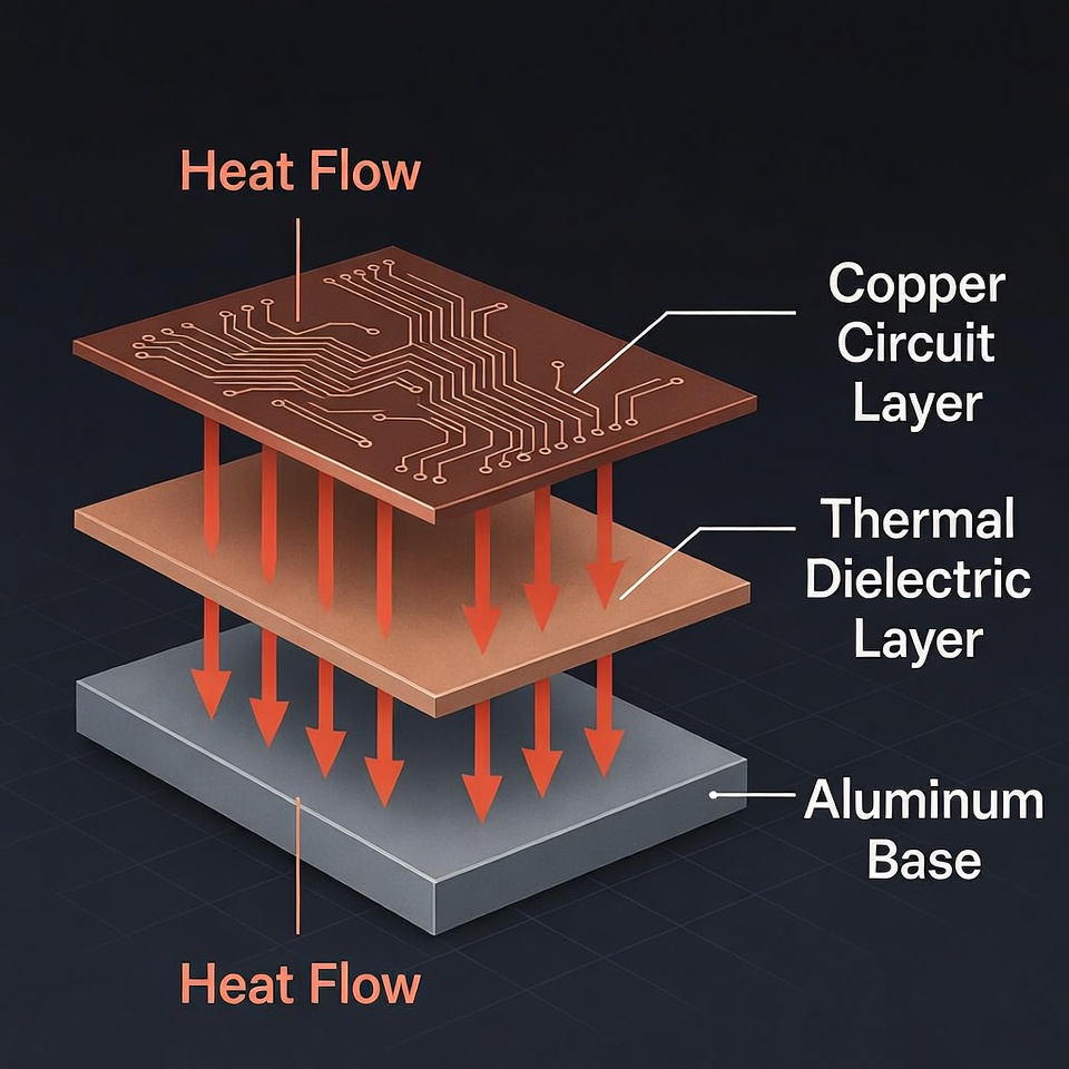 Aluminum PCB 3-layer structure cross-section diagram illustrating copper circuit, thermal dielectric, and aluminum base with vertical heat flow paths
