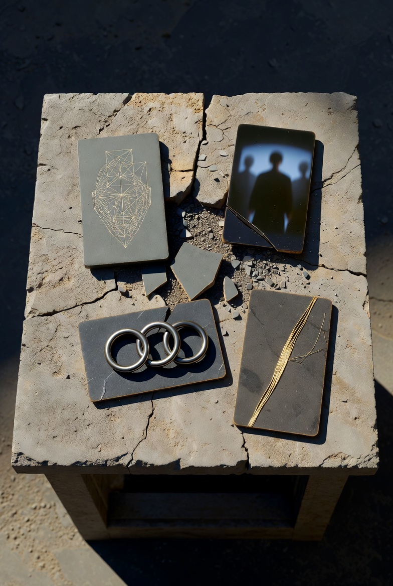 An overhead view of a stone table with four ancient cards, some shattered, in a stark, abstract style.