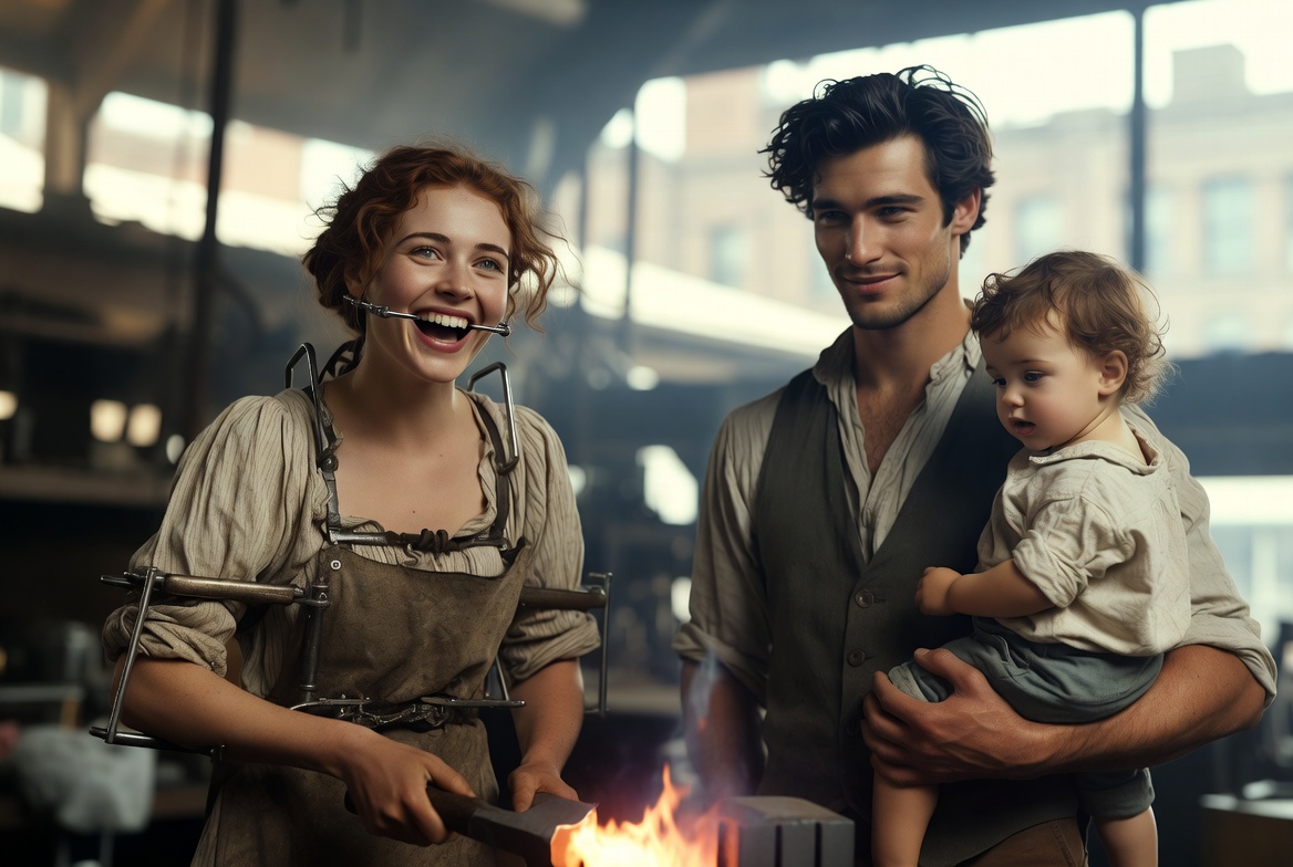 She Was Deemed Unmarriageable—So Her Father Gave Her to the Strongest Slave, Virginia 1856.Ultra-realistic cinematic portrait of a diverse white American family in 1860s bustling Philadelphia blacksmith shop: a smiling auburn-haired woman with green eyes standing supported by custom metal braces, mid-laugh while hammering glowing iron with exaggerated joyful effort; beside her, a different tall white American man with dark wavy hair and kind hazel eyes proudly holding their toddler son, both in contemporary 19th-century work attire under bright natural workshop light. Sharp high-resolution details, authentic American urban setting, vivid yet neutral colors, dramatic over-the-top proud expressions triggering curiosity about their inspiring journey. Different characters, setting, and mood from video.