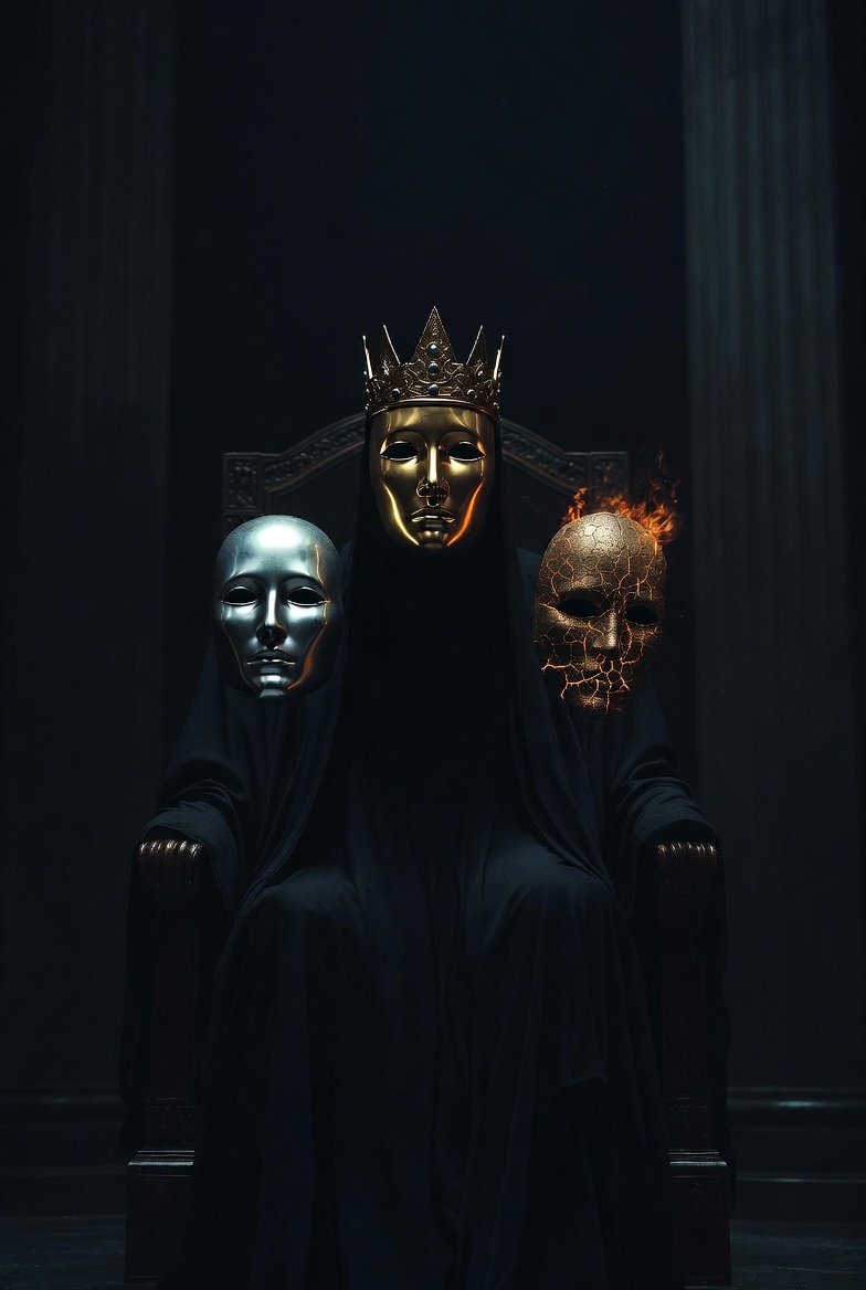 Top-down view inside a vast Throne Room: a single tall, cloaked figure stands motionless in the exact center—face completely obscured by deep shadow, body rendered as a blank, featureless black silhouette. Three distinct masks slowly orbit the figure—gold mask with regal crown, silver mask perfectly mirror-smooth, bronze mask cracked with glowing fire veins—hovering close but never touching the figure. Harsh directional light illuminates only the three masks in sharp detail; the cloaked figure remains drowned in perfect black. No throne, no other creatures, no additional elements—just the hollow silhouette and its three orbiting false faces. Cosmic, quiet, unsettling atmosphere of one entity pretending to be three. No drama, just subtle fraud.