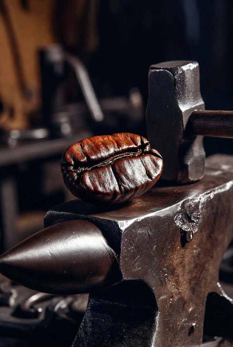 A coffee bean forged on an anvil in a dimly lit workshop, emphasizing traditional craftsmanship.