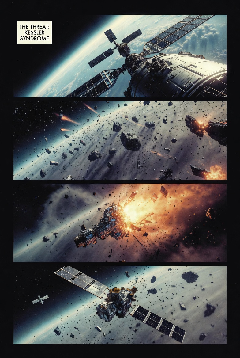 A comic book page on "The Threat: Kessler Syndrome" with four panels showing space scenes of debris and destruction.
