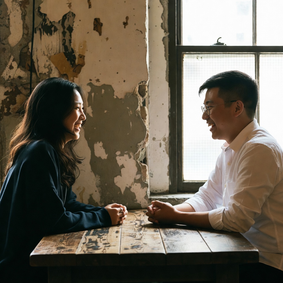 Two people sharing a lighthearted laugh together across a rustic cafe table