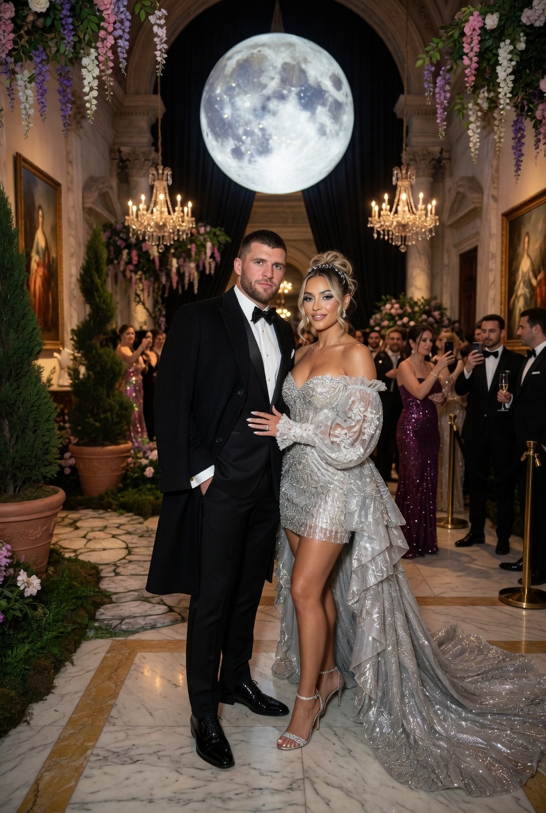 Photorealistic portrait of TJ Watt and his wife Dani Watt inside the luxurious Met Gala 2026 venue at the Metropolitan Museum of Art, in the elegant Condé M. Nast Galleries and Great Hall.
TJ Watt is a tall, muscular NFL player with short dark hair, wearing a sophisticated black tuxedo with a long tailored black overcoat, white dress shirt, black bow tie, black formal pants and shiny black dress shoes, standing confidently with one hand gently on Dani’s waist.
Dani Watt looks stunning in an extravagant shimmering silver off-shoulder mini dress with intricate metallic beading and sequins, dramatic sheer puffy long sleeves with lace details, a very long flowing silver train spreading elegantly on the floor, sparkling high-heeled sandals. Elegant updo hairstyle, glamorous makeup, soft smile.
They are posing closely together in the opulent interior. Background features the grand Met Gala 2026 “Costume Art” theme decor: massive glowing full moon installation hanging in the Great Hall, Italian Renaissance garden atmosphere with hanging wisteria flowers (purple, pink, white), cypress trees, stone pathway elements, elegant chandeliers, classical museum architecture, marble floors, other glamorous guests blurred in the background, warm sophisticated lighting with dramatic flash photography, high detail, cinematic composition, 8k photorealistic.