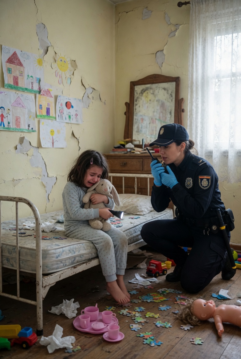 A highly realistic vertical 4:5 documentary-style photo inside a neglected Spanish child’s bedroom, natural daylight entering through the lace-curtained window on the right, neutral white balance, NO yellow light, NO warm tone, realistic soft shadows and muted colors; composition exactly like the reference image, with cracked pale yellow walls, peeling paint, children’s drawings taped unevenly on the wall, old wooden dresser with mirror, worn metal bed frame, dirty mattress, messy wooden floor, scattered puzzle pieces, tissues, dolls, a pink toy tea set and a red toy truck; on the left foreground, a frightened little Spanish girl sits curled up on the bed crying, hugging a plush bunny and holding a small flashlight, wearing the same long-sleeve pajama set style but changing only the color to pale dusty blue with tiny muted lavender dots; on the right foreground, a Spanish female police officer kneels beside the bed, speaking gently into a radio, wearing the same police uniform, cap, badge, utility belt, black boots and blue gloves style but changing only the uniform color to deep midnight navy; exact character positions, gestures, facial expressions, clothing shapes, room layout, props, camera angle and depth of field as the provided image, photorealistic, sharp facial details, natural fabric texture, no cartoon, no fantasy, no exaggerated saturation.