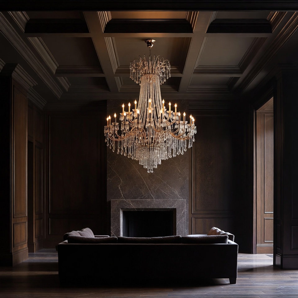 High-end luxury villa living room with a beautiful crystal chandelier but poor lighting design, chandelier glowing above yet the room remains gloomy, dark ceiling corners, shadowy walls, sofa area lacking illumination, expensive marble and wood finishes losing their beauty due to insufficient lighting, atmosphere feels dull, cold and lifeless, luxury interior ruined by bad lighting layout, strong contrast between decorative chandelier and underlit room, professional architectural photography, realistic lighting design mistake, cinematic interior, ultra realistic, 8k, magazine editorial style, no people,