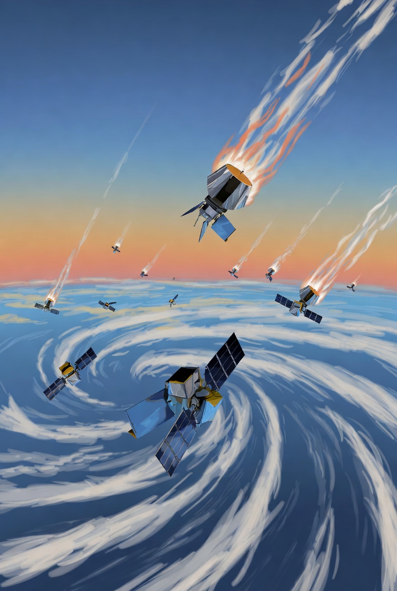 A digital illustration of SpaceX Starlink satellite launch with satellites in orbit around Earth, showing deployment and atmospheric interaction during a geomagnetic storm.