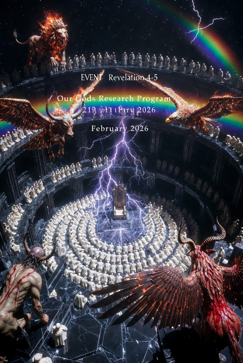 IMAGE: Top-down aerial view into an immense heavenly Throne Room from Revelation 4-5: infinite black void, no walls, crystal floor fractured. Central throne crackling with lightning, emerald rainbow a distant arc. Twenty-four elders prostrate as white specks, four living creatures—lion with fiery mane, ox with curved horns, man-faced with alien eyes, eagle with molten wings—hovering, chanting. Bloodied Lamb stands scarred, seven jagged horns, seven glowing slit-eyes, holding seven-sealed scroll. Harsh divine light, shadows razor-sharp—raw, cosmic, overwhelming, no softness. EVENT: (must appear something on image as text) Our Gods Research Program, February 2026 (text must be centered and blend into the image, but also stand out.