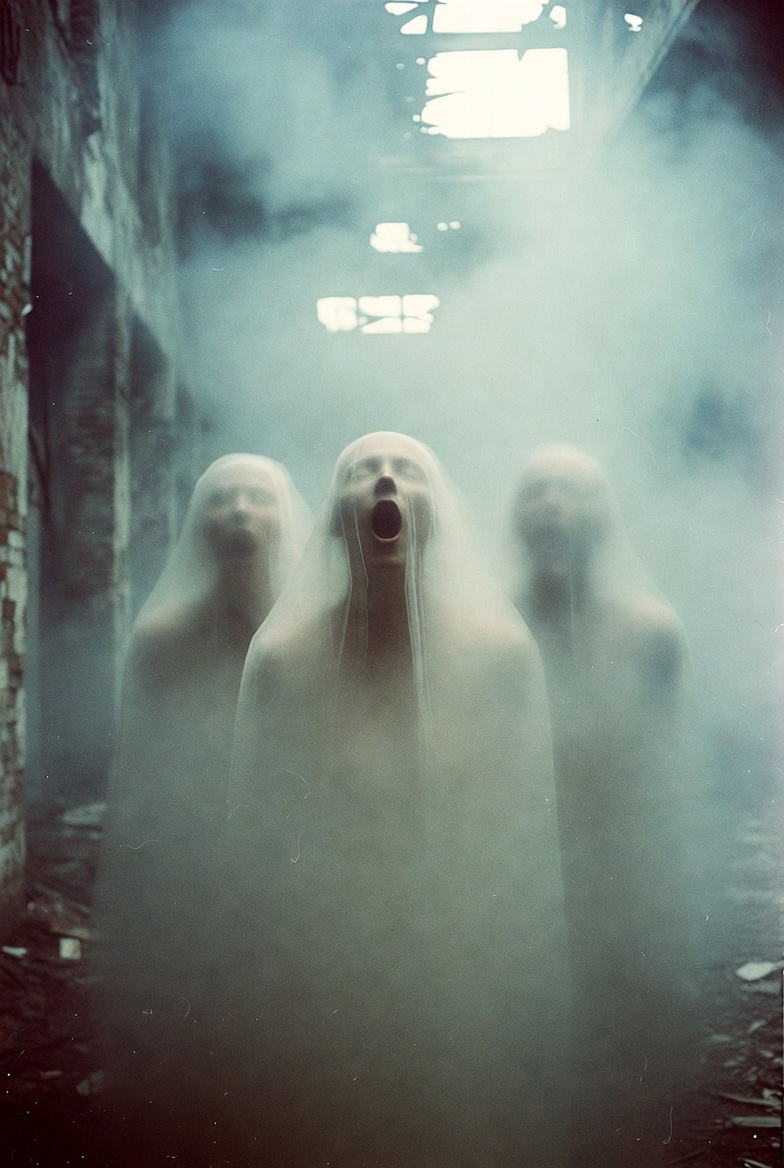 Ethereal ghost-like figures in a misty, abandoned setting, evoking a haunting, desolate atmosphere.