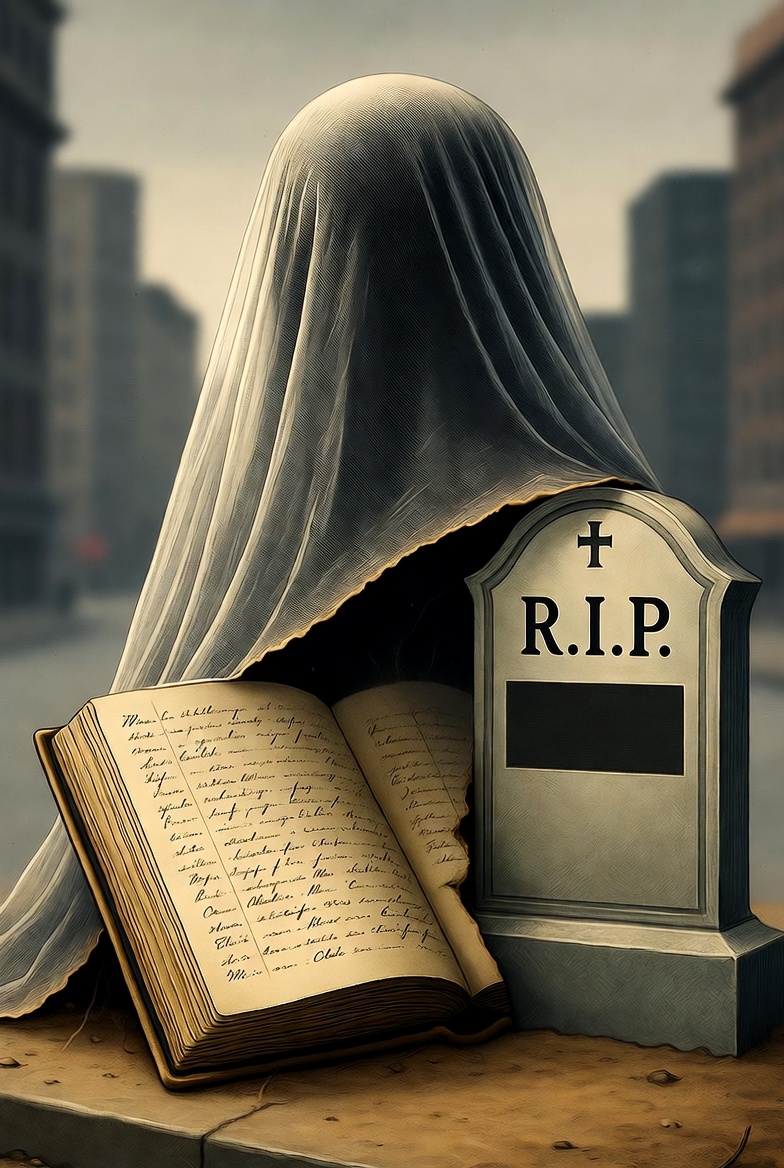 A digital illustration of a torn veil revealing a ledger and tombstone in a somber urban setting.