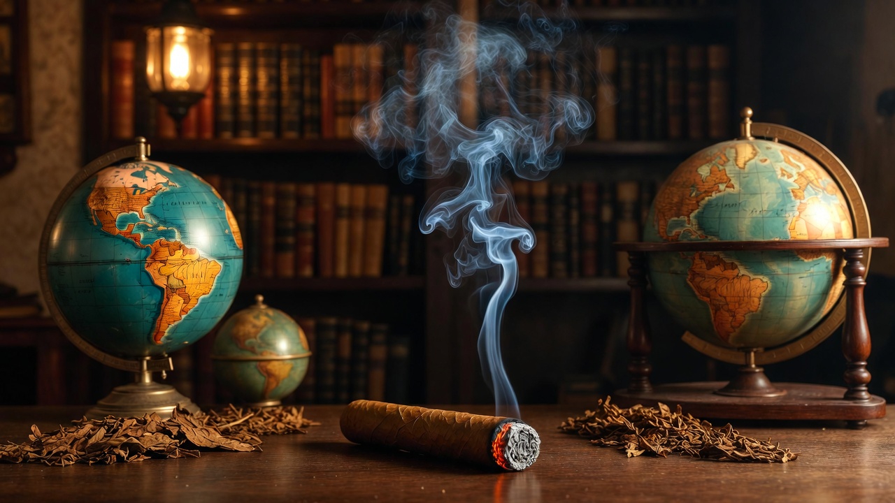 A photographic still-life of a lit cigar, tobacco leaves, and globes, symbolizing cigars' cultural journey.