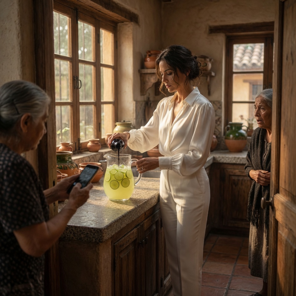 Ultra-realistic cinematic photo, elegant modern woman wearing a white silk blouse and high-waisted white trousers, standing in a rustic Mexican-style kitchen, carefully pouring a small bottle of dark liquid into a large glass pitcher of fresh lime lemonade on a granite countertop. In the foreground, an older woman partially hidden behind a wooden doorway secretly records the scene with her smartphone, while another elderly woman stands in the open doorway with a shocked and worried expression. Traditional wooden cabinets, clay pots, terracotta tile floor, warm afternoon sunlight streaming through large windows, authentic colonial house interior, dramatic storytelling, candid moment, shallow depth of field, 85mm lens, natural skin tones, cinematic color grading, highly detailed, photorealistic, HDR, soft shadows, magazine-quality photography, vertical composition, 9:16.