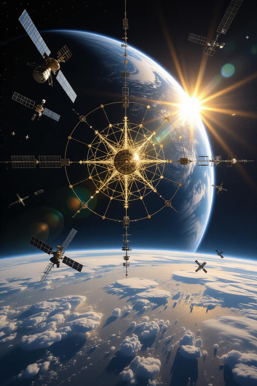 Masterwork cinematic space photograph: Vertical composition showing Low Earth Orbit as sacred architectural space. Bottom third: Earth's curved blue surface with white cloud formations and golden sunrise terminator. Middle section: The orbital 'cathedral ceiling' at 550 km—satellites arranged in loose constellation pattern forming subtle cross/mandala geometry, backlit by Earth's atmospheric glow. Some satellites intact (gods), others fragmenting (becoming ghosts), debris field visible between. Upper third: Deep black space with precise star field, sense of infinite height. Key central element: One satellite caught in moment of transformation—half intact/half disintegrating, lit dramatically from below by Earth-shine and from above by distant sun, creating divine light effect. Golden-orange reentry burns begin at edges. Debris trails form subtle lightning bolt patterns echoing downward and upward simultaneously (ambiguous fall/ascent). Color palette: Deep sacred blues, divine golds, warning ambers, void blacks. Lighting suggests Caravaggio—dramatic chiaroscuro, single source illumination, spiritual intensity. Composition creates optical illusion: tilt head one way it's cathedral interior looking up, other way it's looking down into the void. The riddle made visual: Are we in the sanctuary or are we the sacrifice? Photorealistic but mythic. No text. Sense of: judgment imminent, beauty precarious, human hubris meeting cosmic consequence. This is the moment before 'Yet' becomes 'Now.'