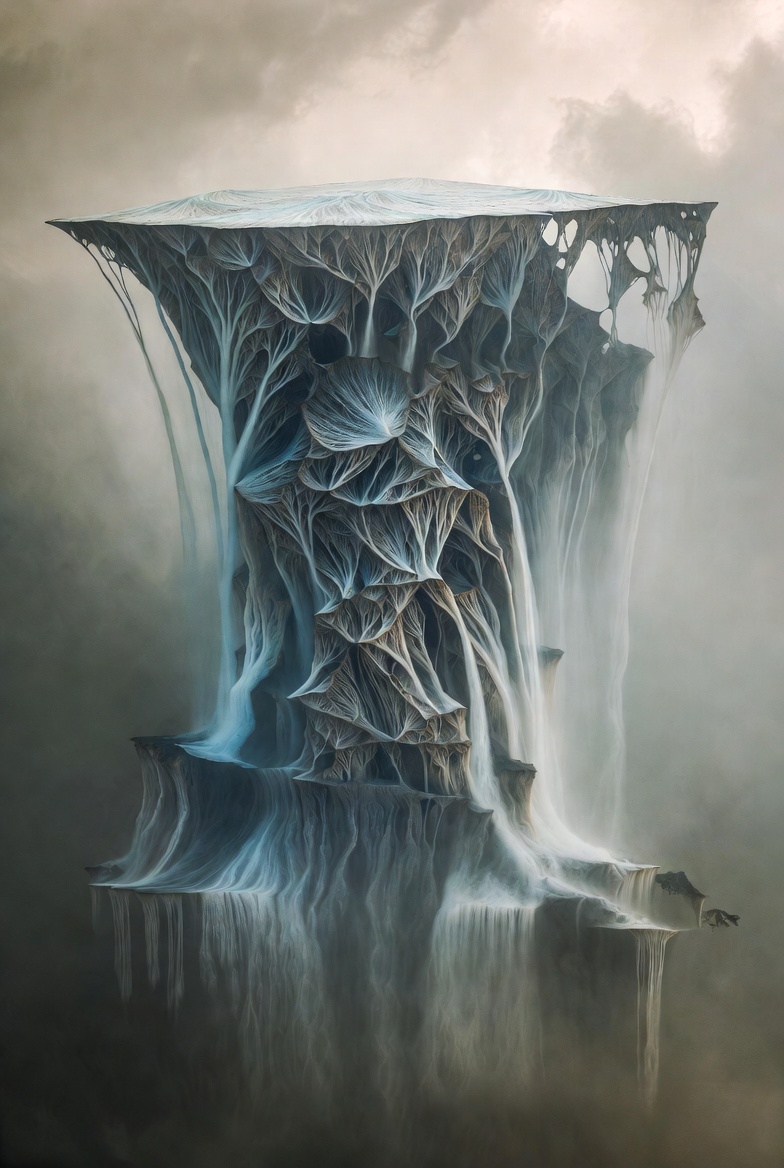 A photographic abstract structure symbolizing the Flood and Babel narratives with cascading, interwoven patterns in a soft, ethereal style.