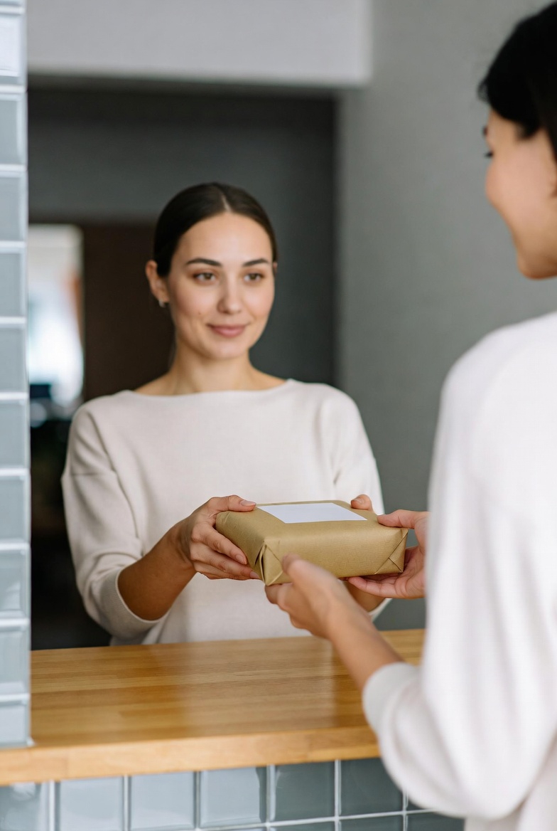 A woman returns a package at a service counter in a candid indoor setting.