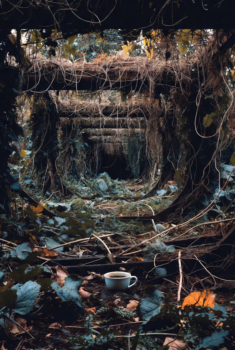 A surreal garden scene with a cup symbolizing acceptance amidst chaotic vines, in dim lighting.
