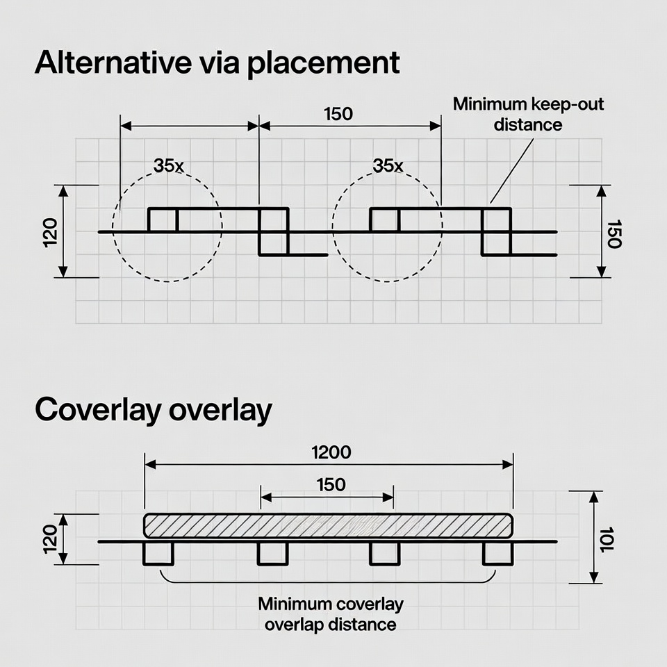 Layout examples showing alternative via placement and coverlay strategies for better flex PCB via protection, including minimum keep-out distances