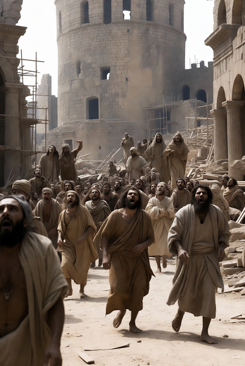 A photographic scene of the Tower of Babel's scattering, with people in confusion and an unfinished tower.