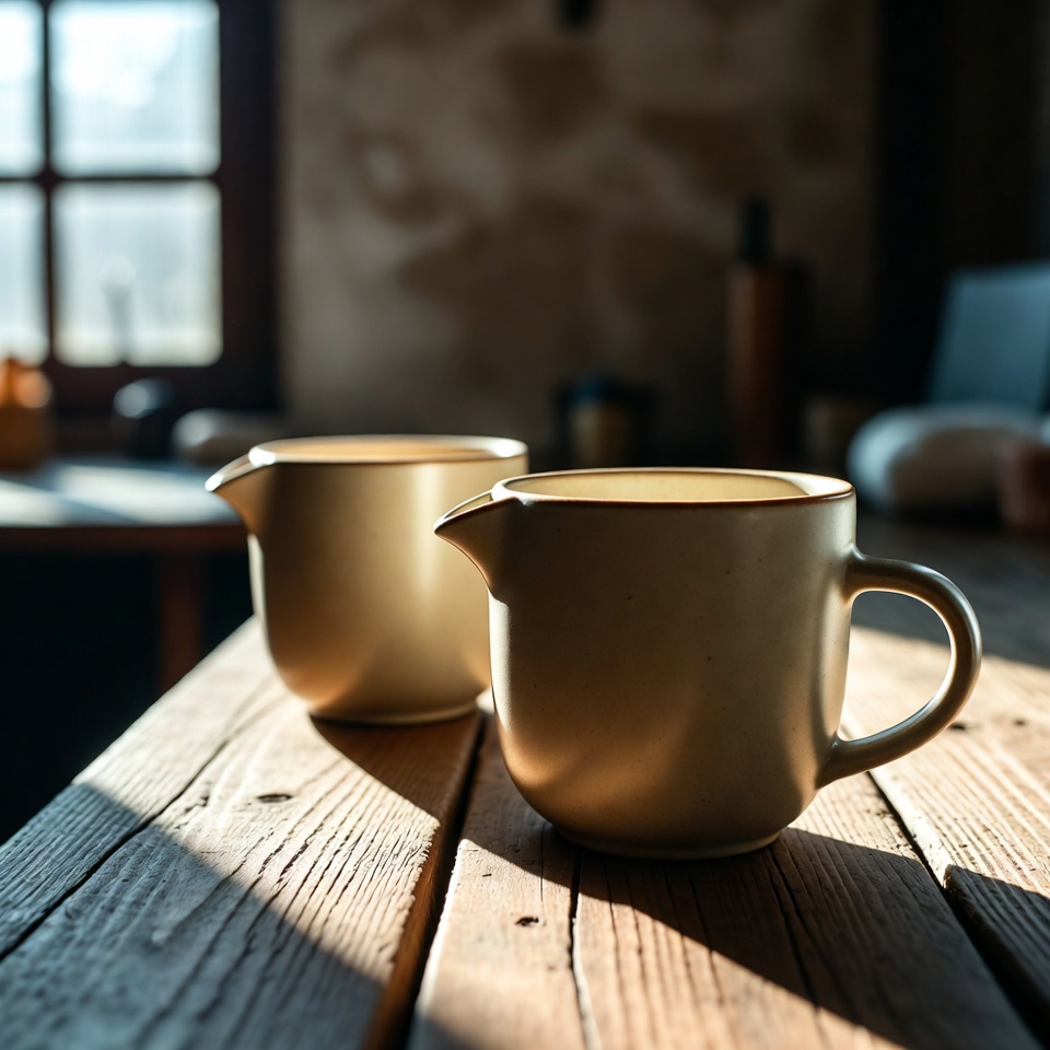 Two coffee mugs on a wooden table
