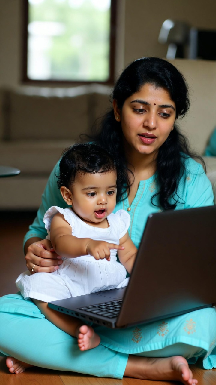 A photograph of Nisha and Sheela in a playful home interaction, with Nisha wanting to watch cartoons.