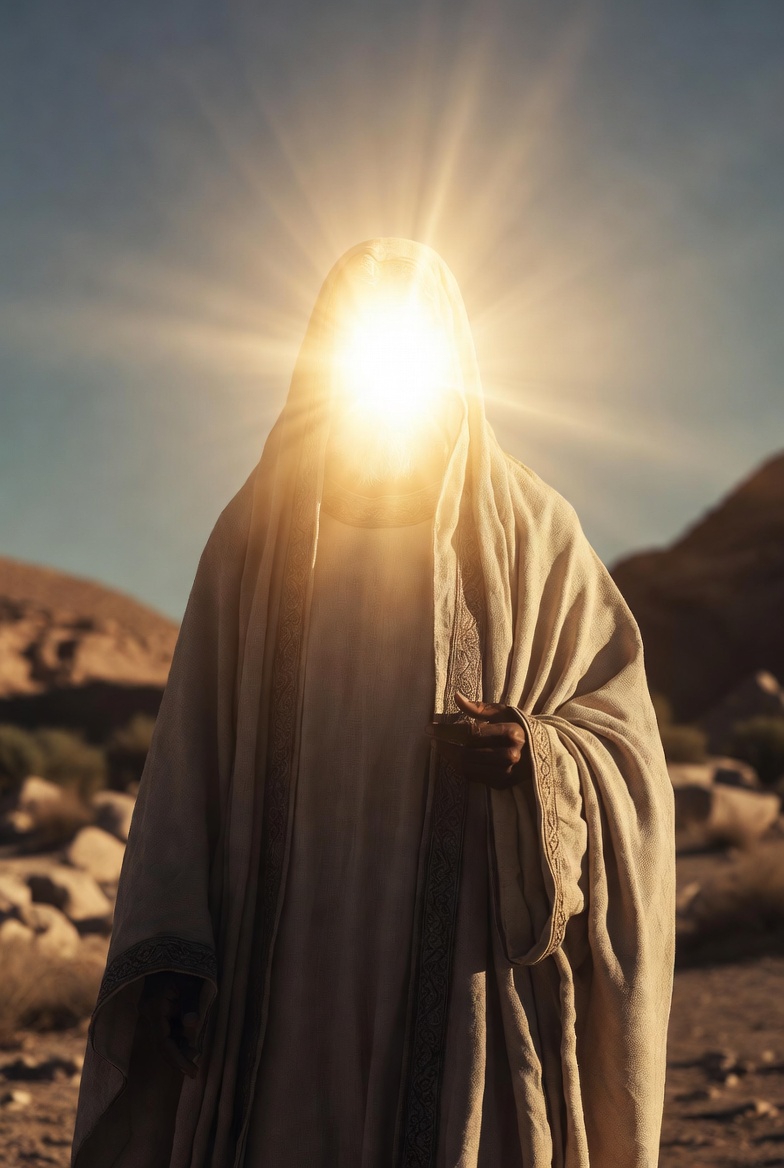 A photograph of a divine figure in a desert landscape, with a glowing face and halo effect.