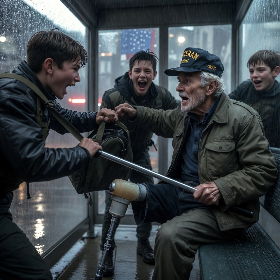 An elderly American military veteran with a prosthetic leg and a faded “Veteran” cap stands inside a rain-soaked Chicago bus stop while an arrogant teenage boy aggressively kicks his metal cane sideways in the first second, causing the old man to stumble into the wet bench as the other two boys laugh nearby. The veteran slowly straightens up, jaw tight, breathing controlled, one weathered hand gripping a black military duffel bag while the teenager grabs at the bag strap and shoves his shoulder. The old man locks eyes with him and quietly says, “You should leave.” Rain blows through the shelter as headlights suddenly flood the street and black SUVs screech to the curb behind them. The teenagers recoil, faces draining of color, while tactical agents rush forward toward the veteran. Cold stormy evening light, wet pavement reflections, handheld camera tension with tight emotional close-ups, visible trembling hands and eye-line collision, realistic cinematic American drama style, one continuous live confrontation, American flag hanging in the corner window of a nearby convenience store, no text, no watermark.