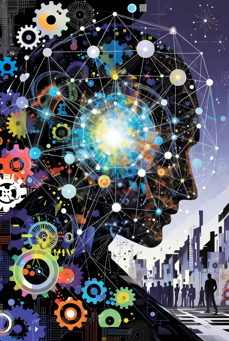 A digital illustration of a network with a glowing core, featuring human figures and technological motifs in a dark, moody style.