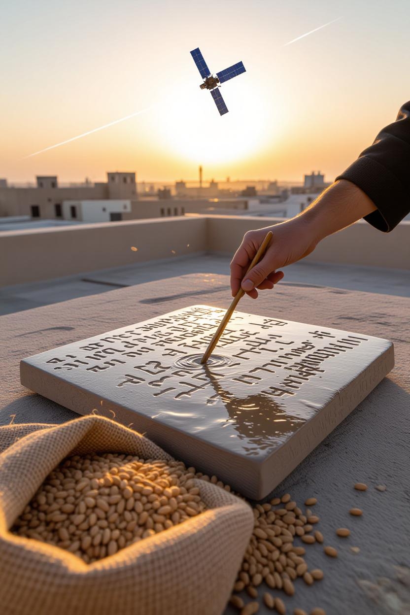 A high-angle shot captures a reed stylus mid-jab into a glistening wet clay tablet on a windy rooftop, with a barley sack torn by rats spilling grains in the foreground, a Starlink satellite streaking across a pastel sunset sky, proto-cuneiform scribbles swirling like confetti, a computer BIOS screen glitching at 99% with a distorted white overlay, and a dust storm horizon glowing an intense, crimson red.