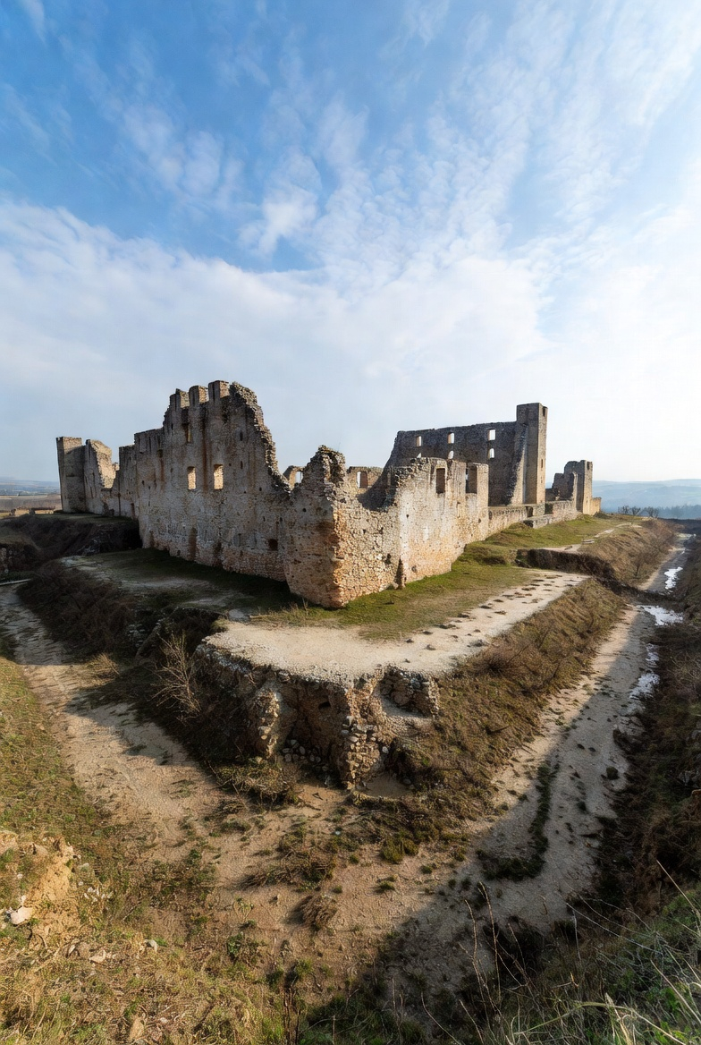 A destroyed castle with a dry moat