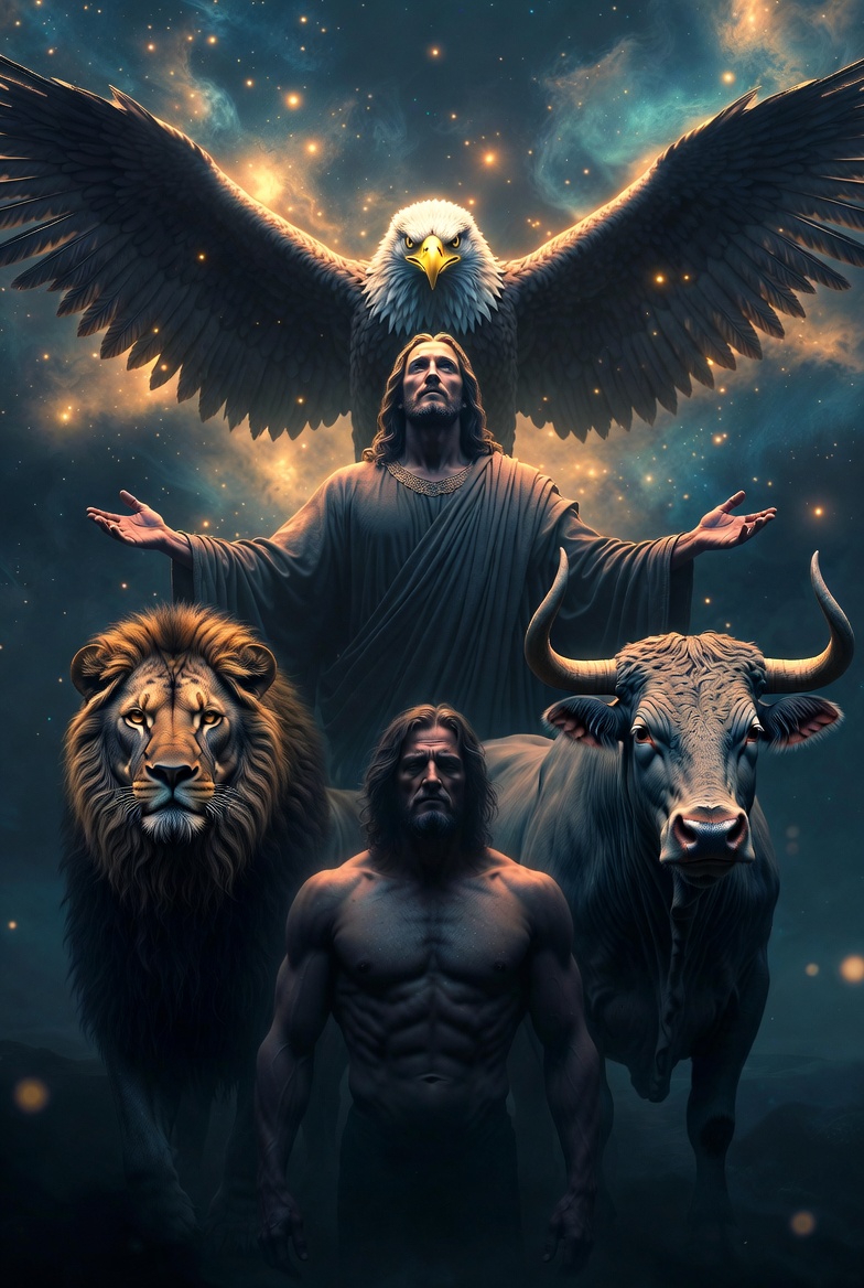 A digital illustration of Jesus Christ with symbolic beasts from Revelation, in a mystical starry sky.