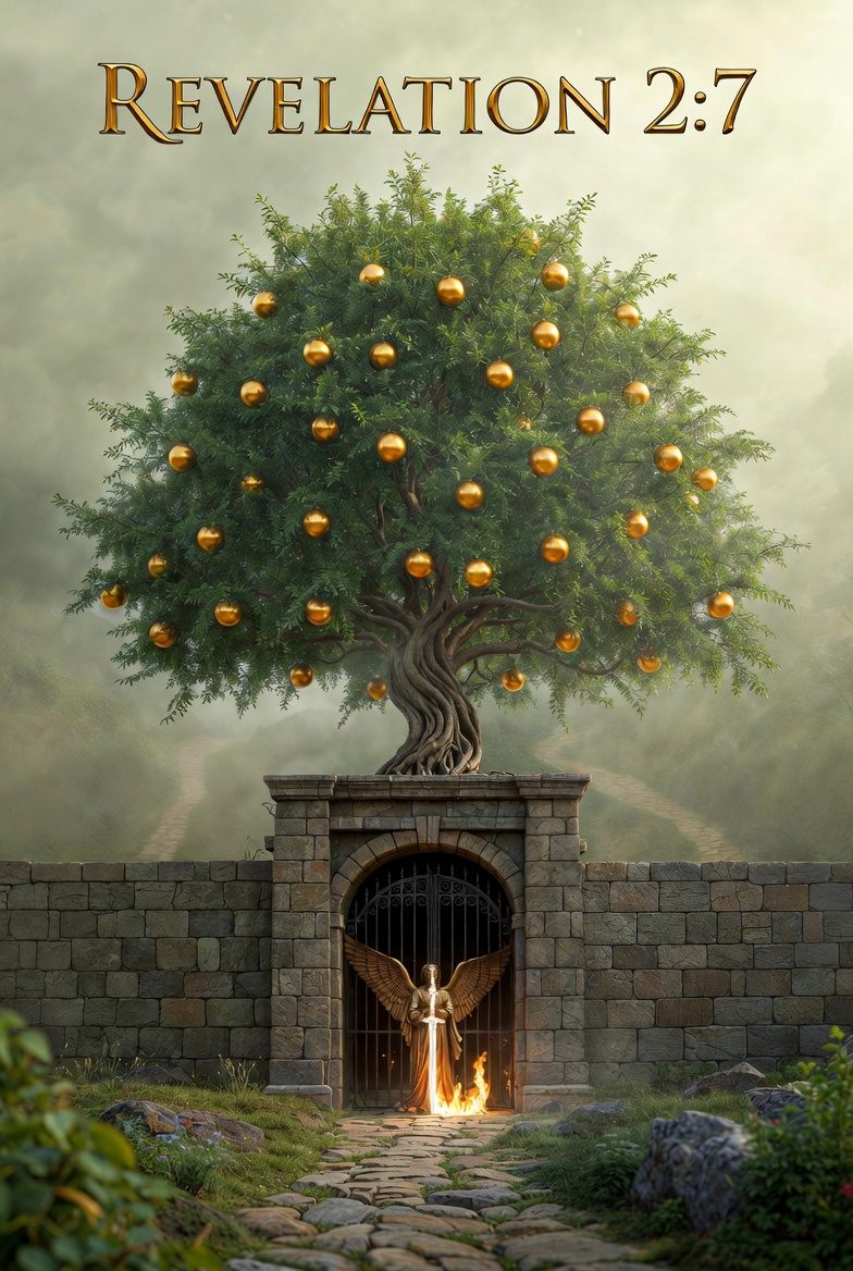 A symbolic photograph of the tree of life in Revelation 2:7, guarded by an angel with a flaming sword in a misty landscape.
