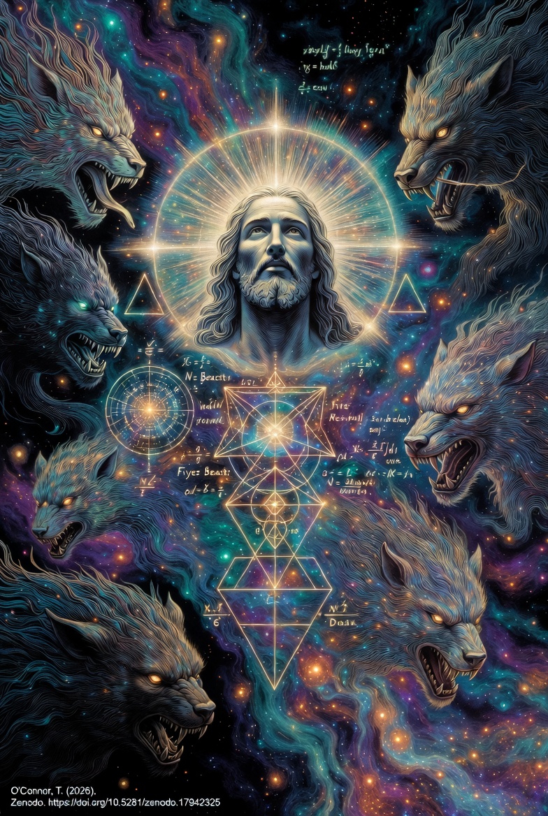 A technical illustration of Jesus Christ in a cosmological concept with beasts, blending religious and scientific themes.