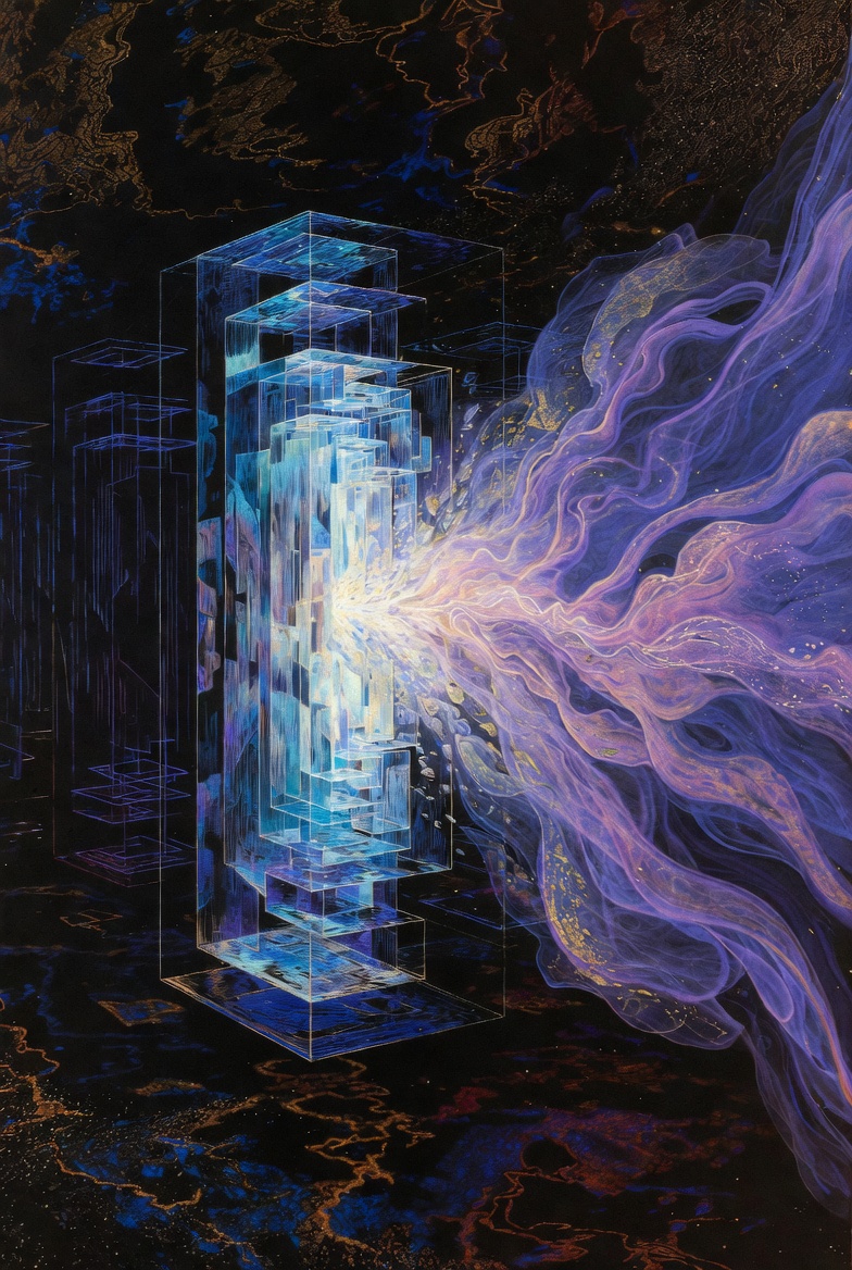 An abstract artwork depicting a logical register and hidden variable K resolving a contradiction.