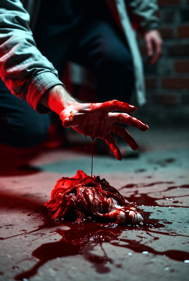 A tense photograph of a hand reaching towards a bloodied object in a dark, dramatic setting.