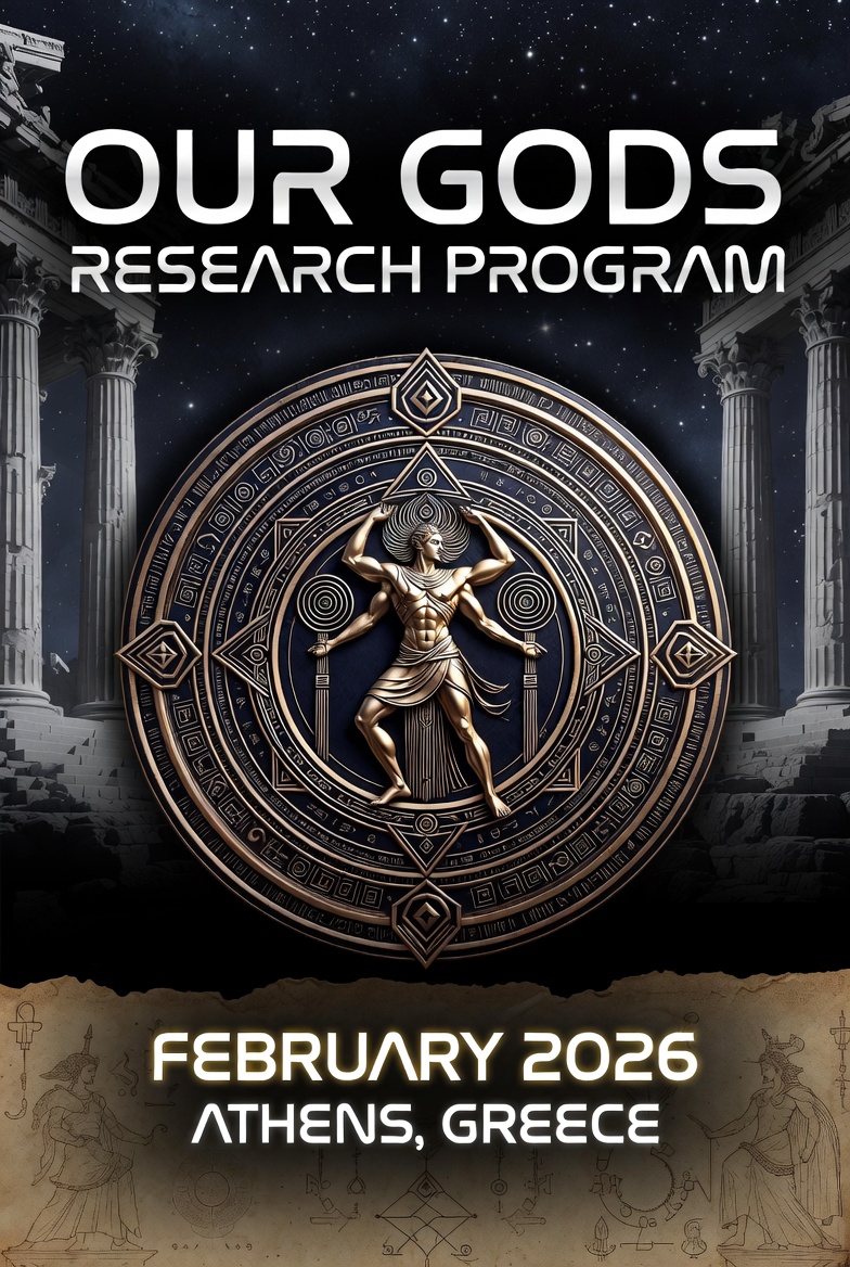 A promotional poster for the "Our Gods Research Program" event in February 2026, featuring a dark, mystical design with ancient Greek elements.
