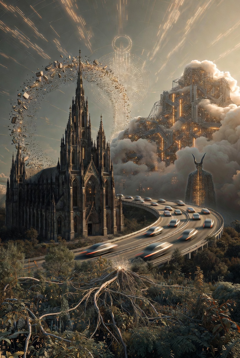 A digital illustration of "The Trilogy Closed a Door" with a cathedral, highway, cloud, and garden, blending natural and technological elements.