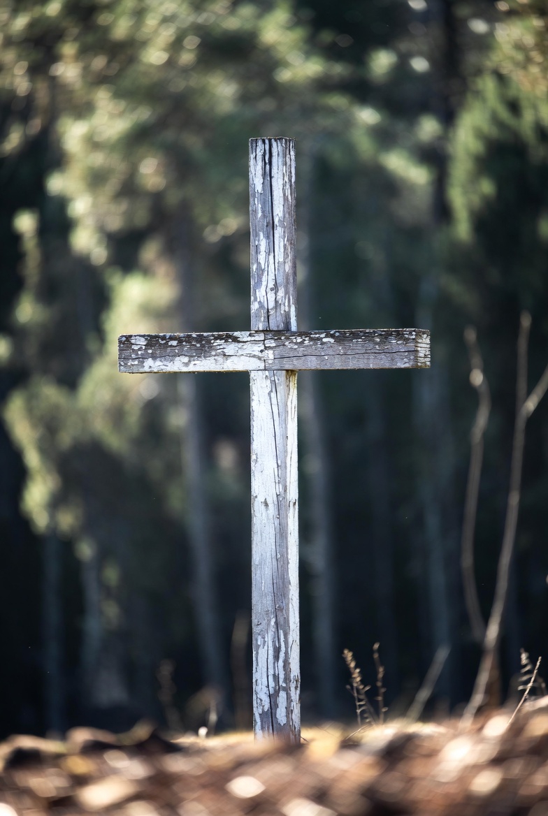 A weathered wooden cross in a natural forest setting, evoking a somber mood.