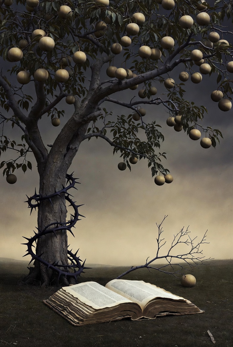 A conceptual photograph of a tree with symbolic elements, including a book, in a somber landscape.