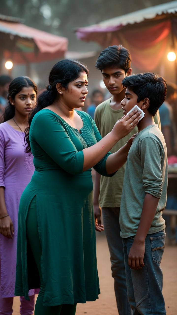 Neetu tends to Suresh's forehead in a tense village market scene, with Gireesh and Rashmi nearby.