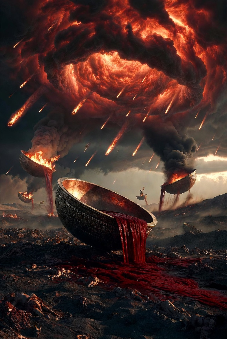 A cinematic apocalyptic scene from Revelation 15–16, with divine wrath unleashed through celestial bowls.