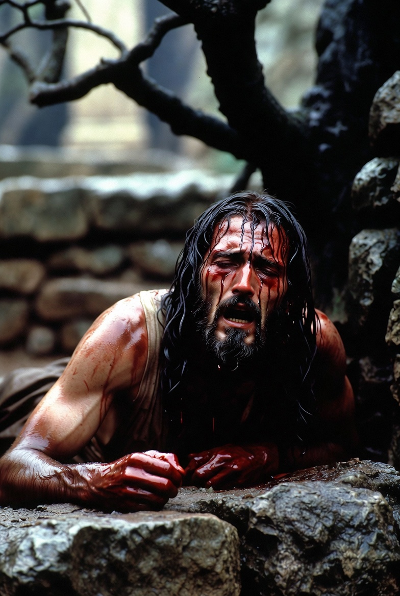 A photograph of Jesus Christ in Gethsemane, showing anguish and suffering in a somber, historical setting.