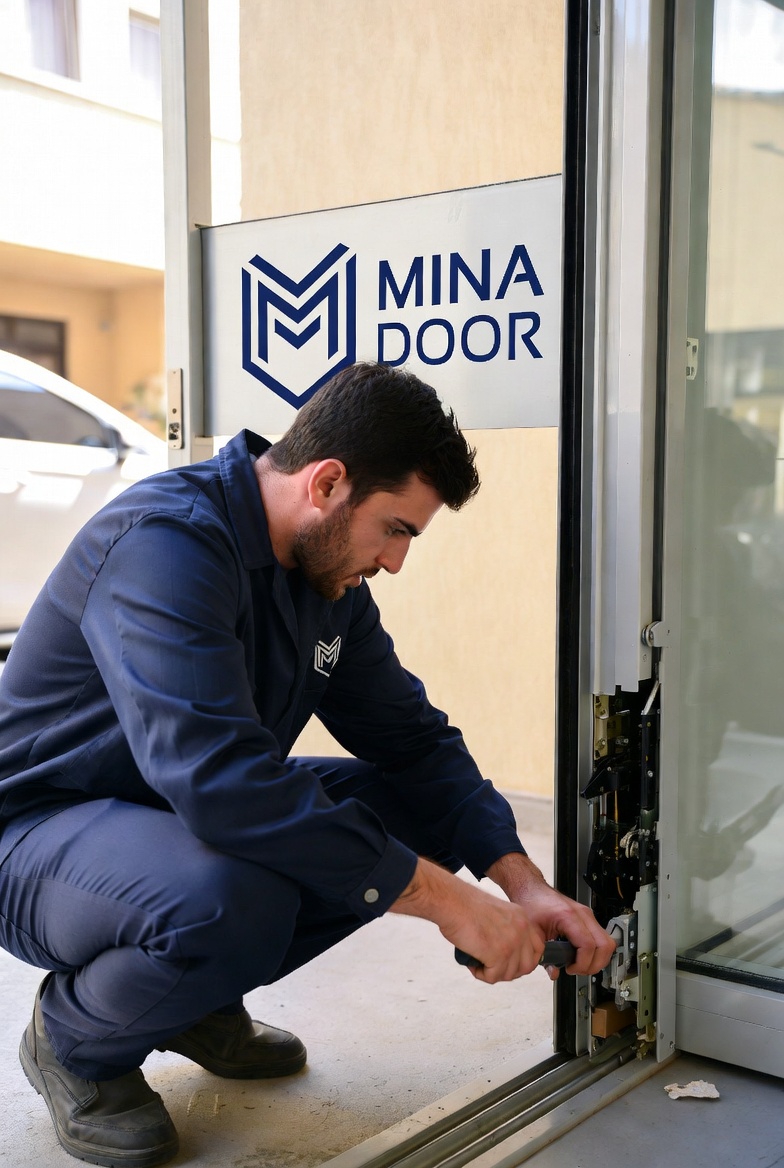 A technician repairs an automatic sliding glass door with "MINA DOOR" branding, in a realistic outdoor setting.