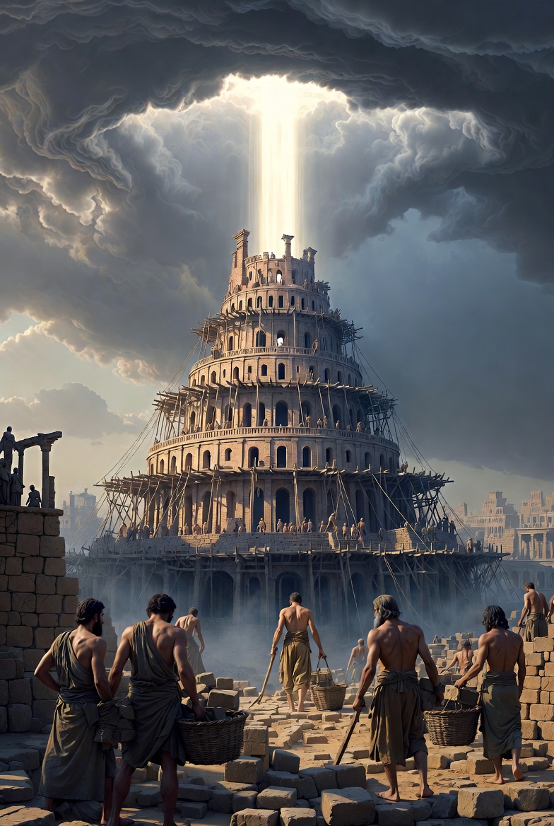 A photographic scene of the Tower of Babel with ancient figures and divine light interrupting construction.