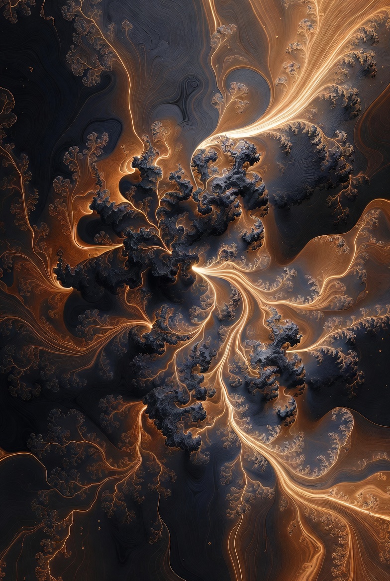 A photograph of an abstract fractal pattern with intricate, self-similar designs in dark and golden hues.
