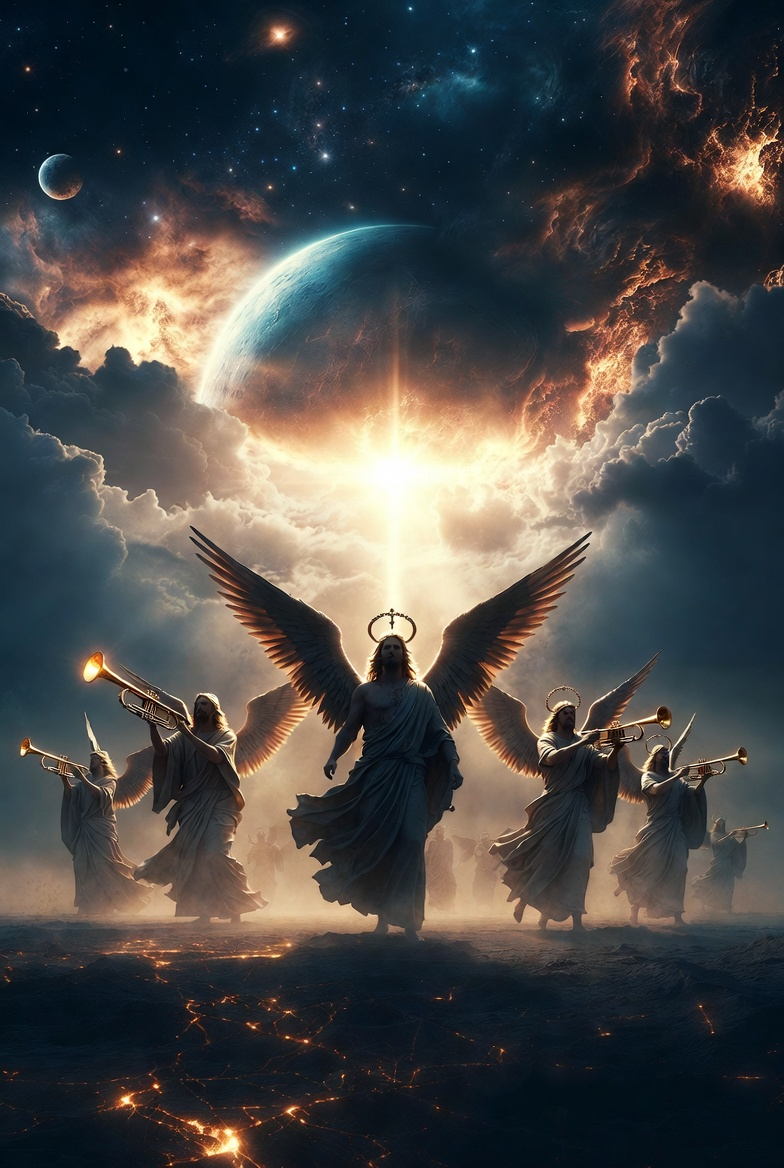 A digital illustration of seven angels with trumpets in an apocalyptic Book of Revelation scene.