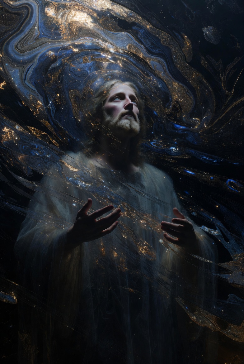 A photographic exploration of O'Connor's conceptual artwork "Jesus Christ is the Terminus," featuring a serene Jesus Christ surrounded by abstract cosmological elements in a mystical atmosphere.